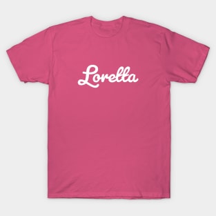 Loretta Cursive Script Typography White Text T-Shirt